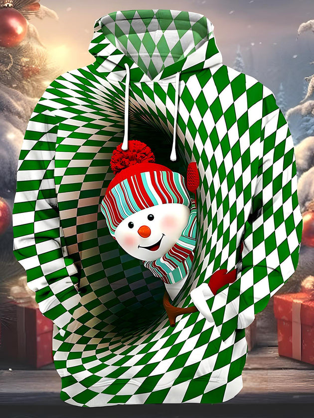 Men's snowman geometry graphic hoodie front view for Christmas holiday party