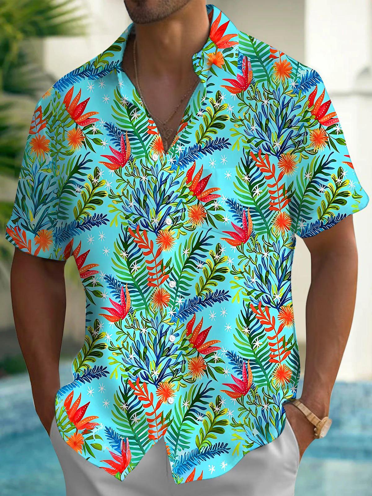 Hawaiian Tropical Floral Plant Men's Pocket Short Sleeve Shirts