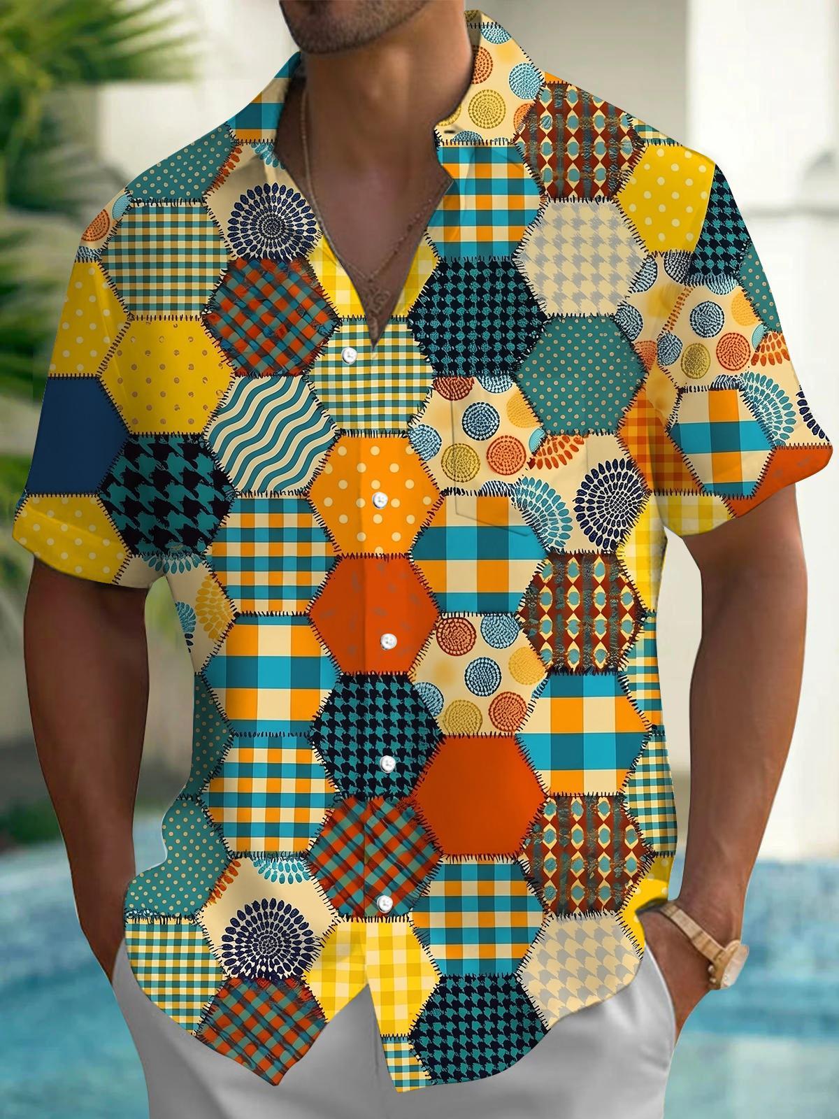 Vintage Hexagon Patchwork Plaid Polka Dot Geometry Men's Pocket Short Sleeve Shirts