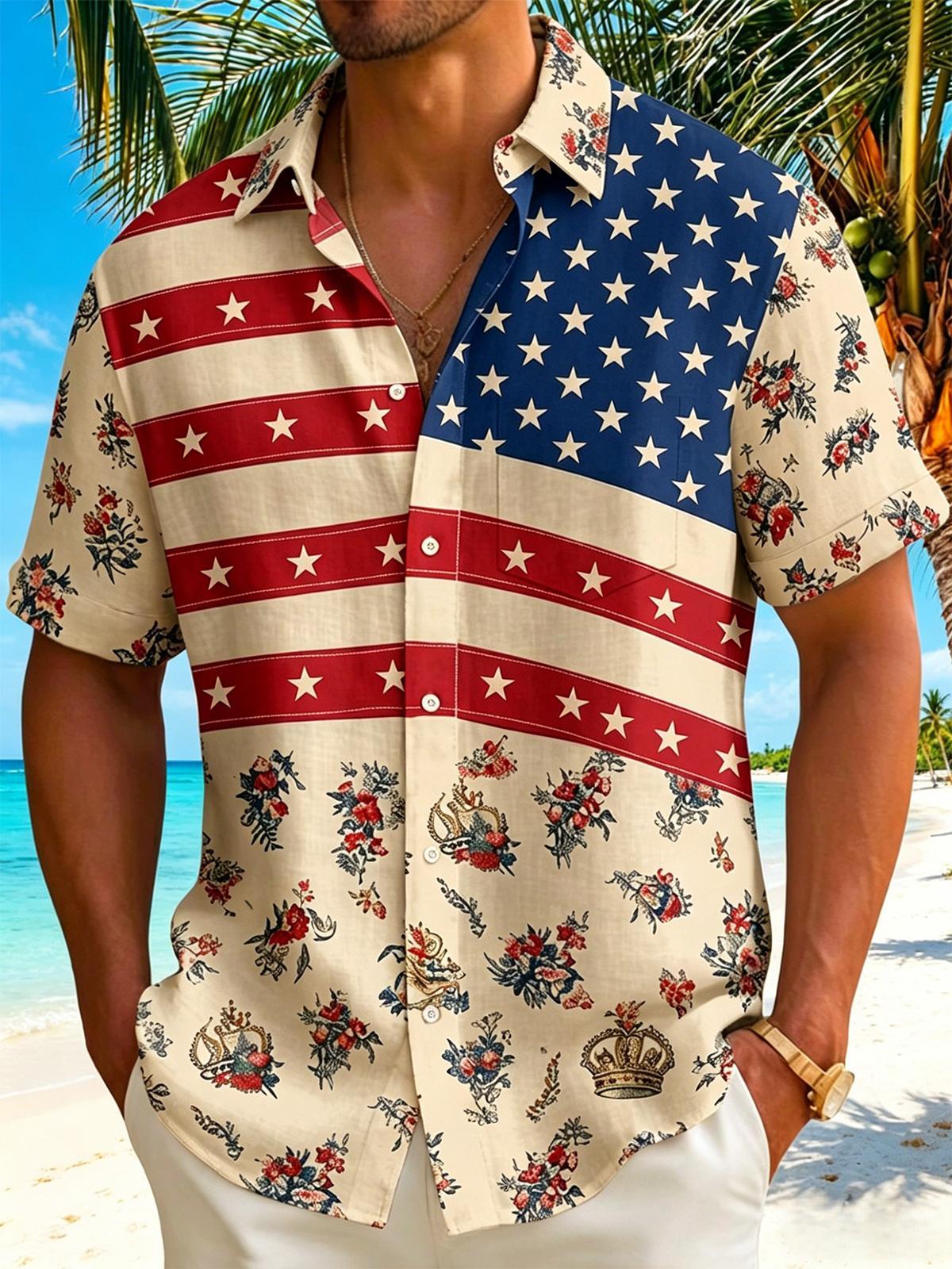 Men's vintage floral short sleeve shirt front view for Independence Day