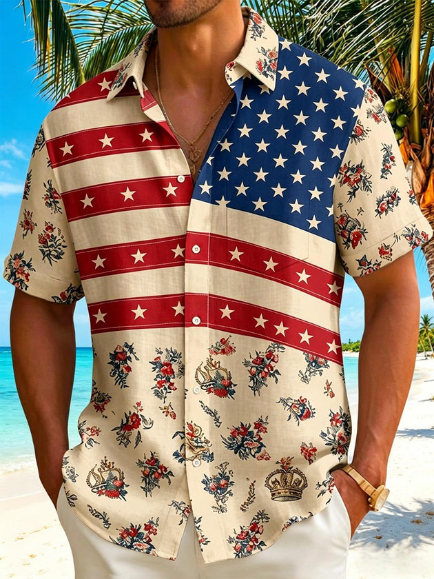 Men's vintage floral short sleeve shirt front view for Independence Day