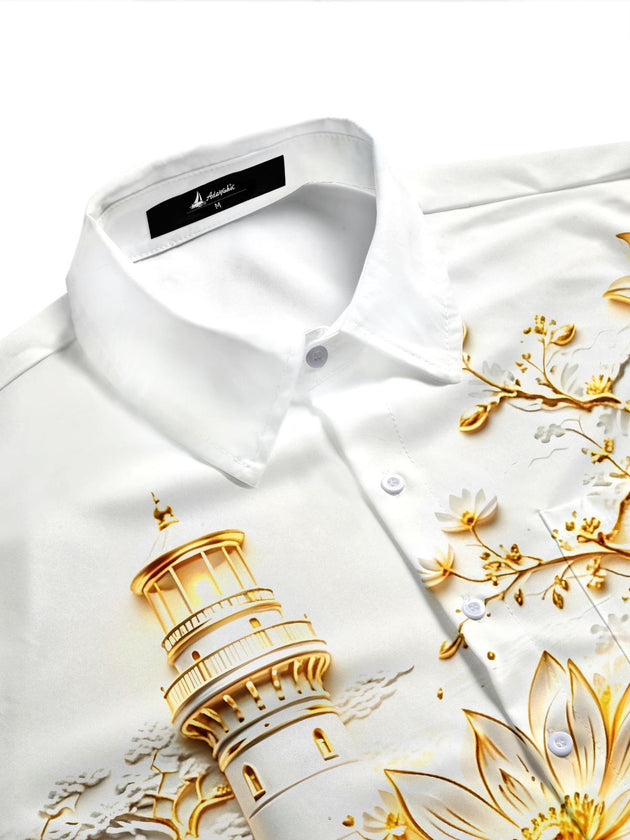 3D Art Gilded Lighthouse Lotus Landscape Pavilion Scenery Men's Pocket Short Sleeve Shirts