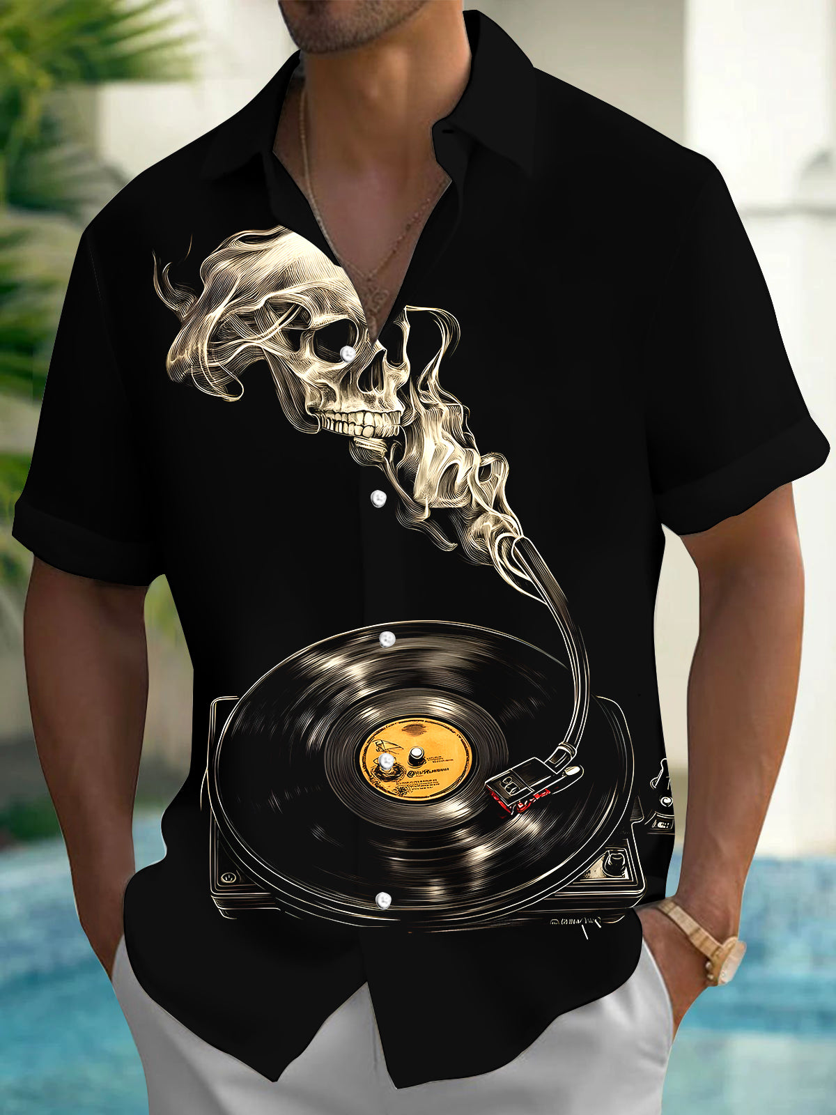 Skull Record Player Men's Pocket Short Sleeve Shirts