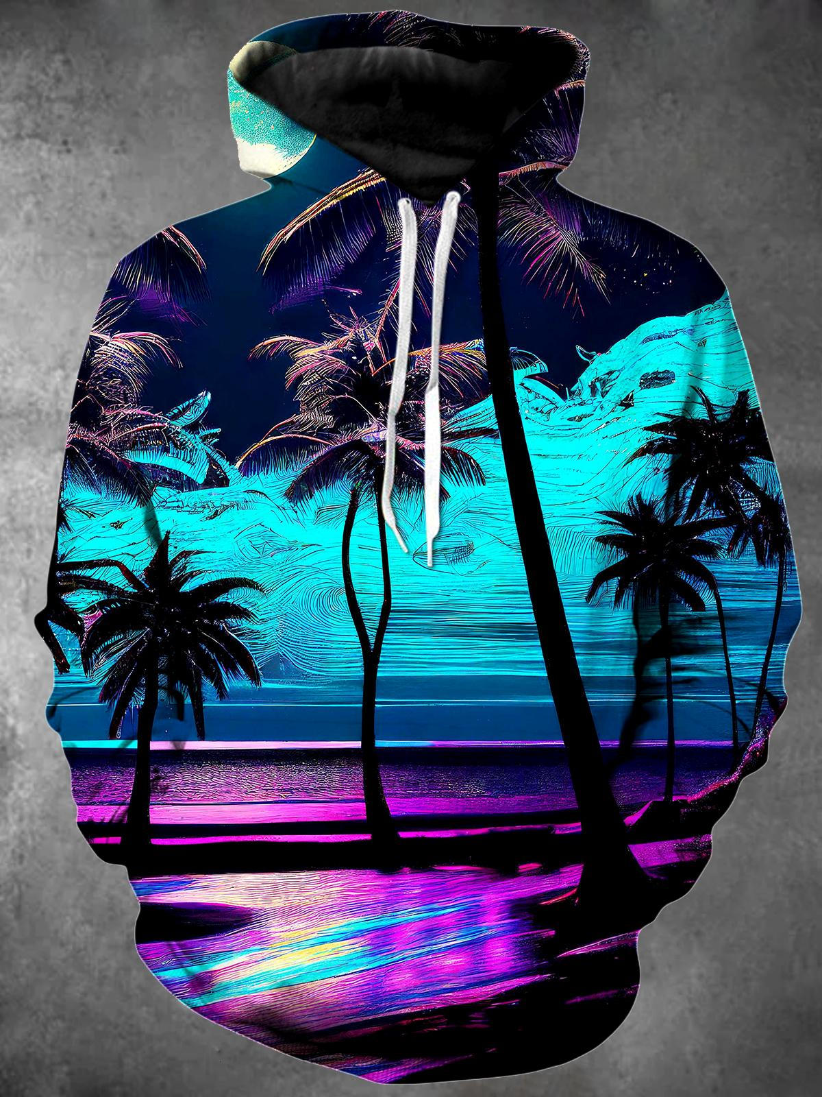 Coconut Tree Long Sleeve Hooded Pocket Men's Top