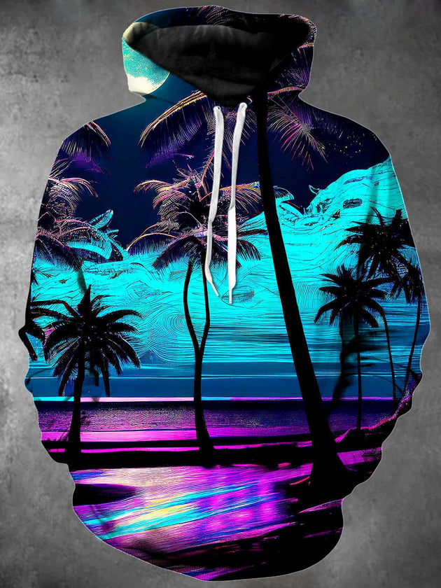 Men's tropical long sleeve Hawaiian pullover hoodie front view for beach vacation