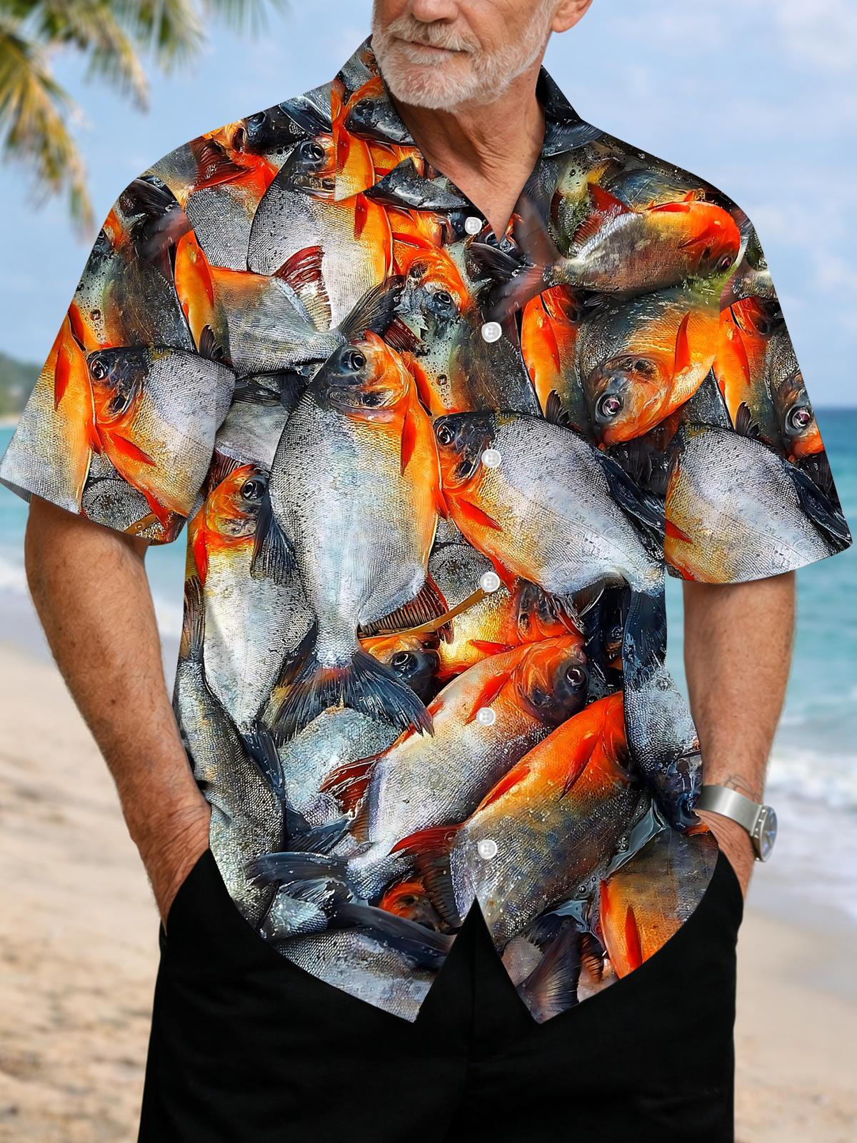 Fish Print Men's Pocket Short Sleeve Shirts