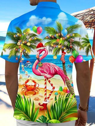 Hawaiian Summer Christmas Flamingo Beach Men's Pocket Short Sleeve Shirts