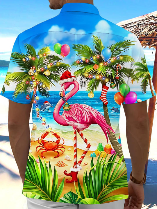 Hawaiian Summer Christmas Flamingo Beach Men's Pocket Short Sleeve Shirts