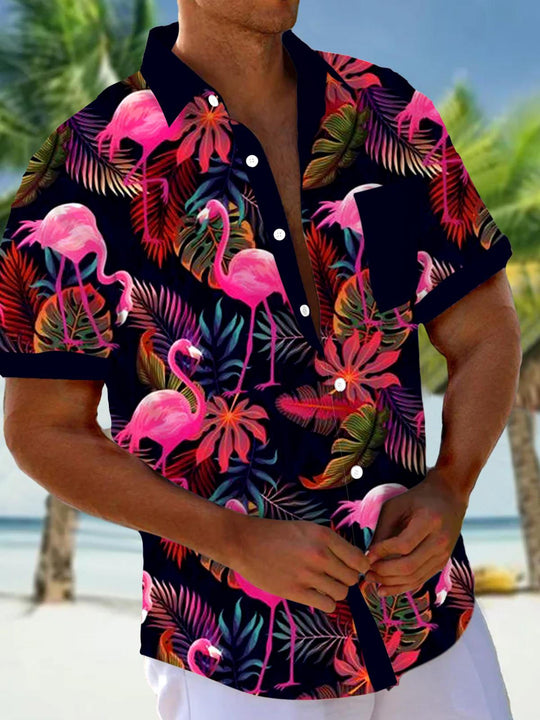 Men's tropical patterned short sleeve Hawaiian shirt front view for beach vacation