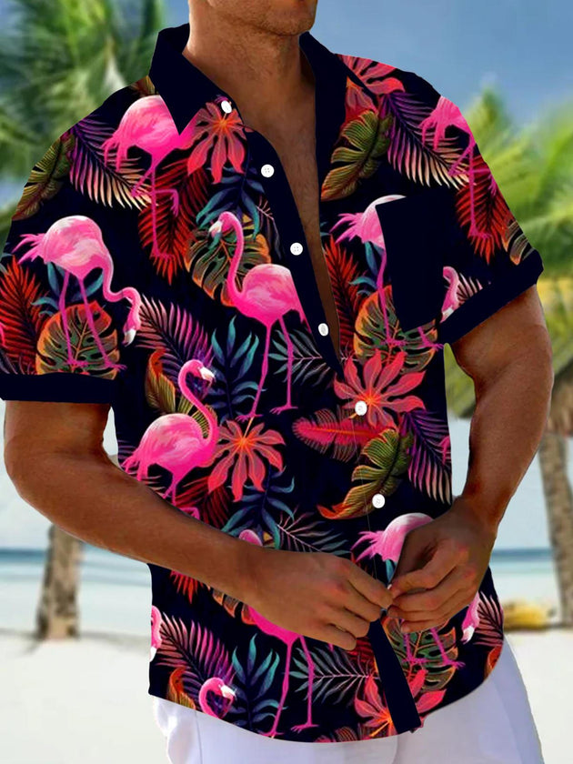 Men's tropical patterned short sleeve Hawaiian shirt front view for beach vacation