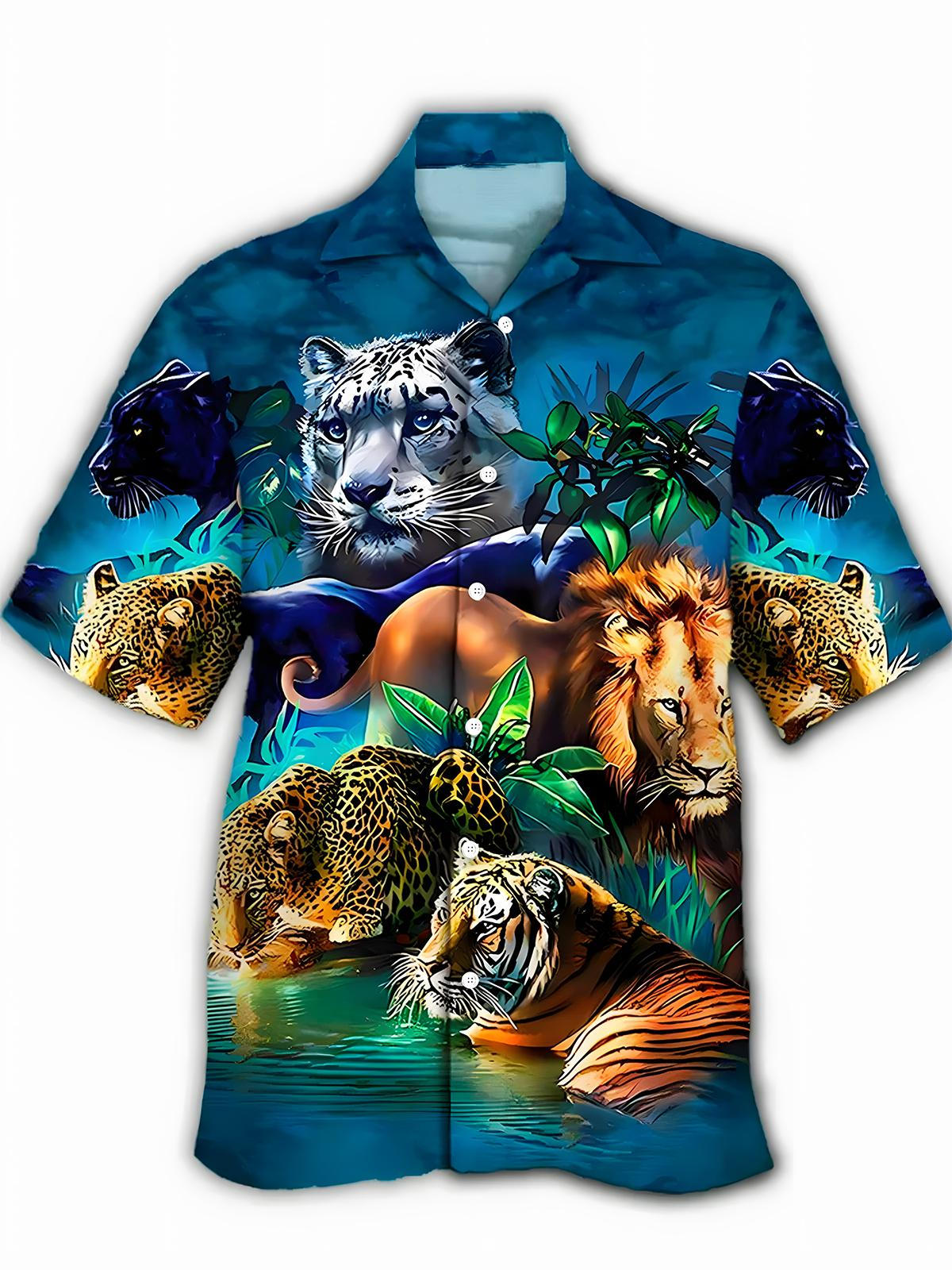 Hawaiian Animal Print Men's Cuban Collar Short Sleeve Shirt