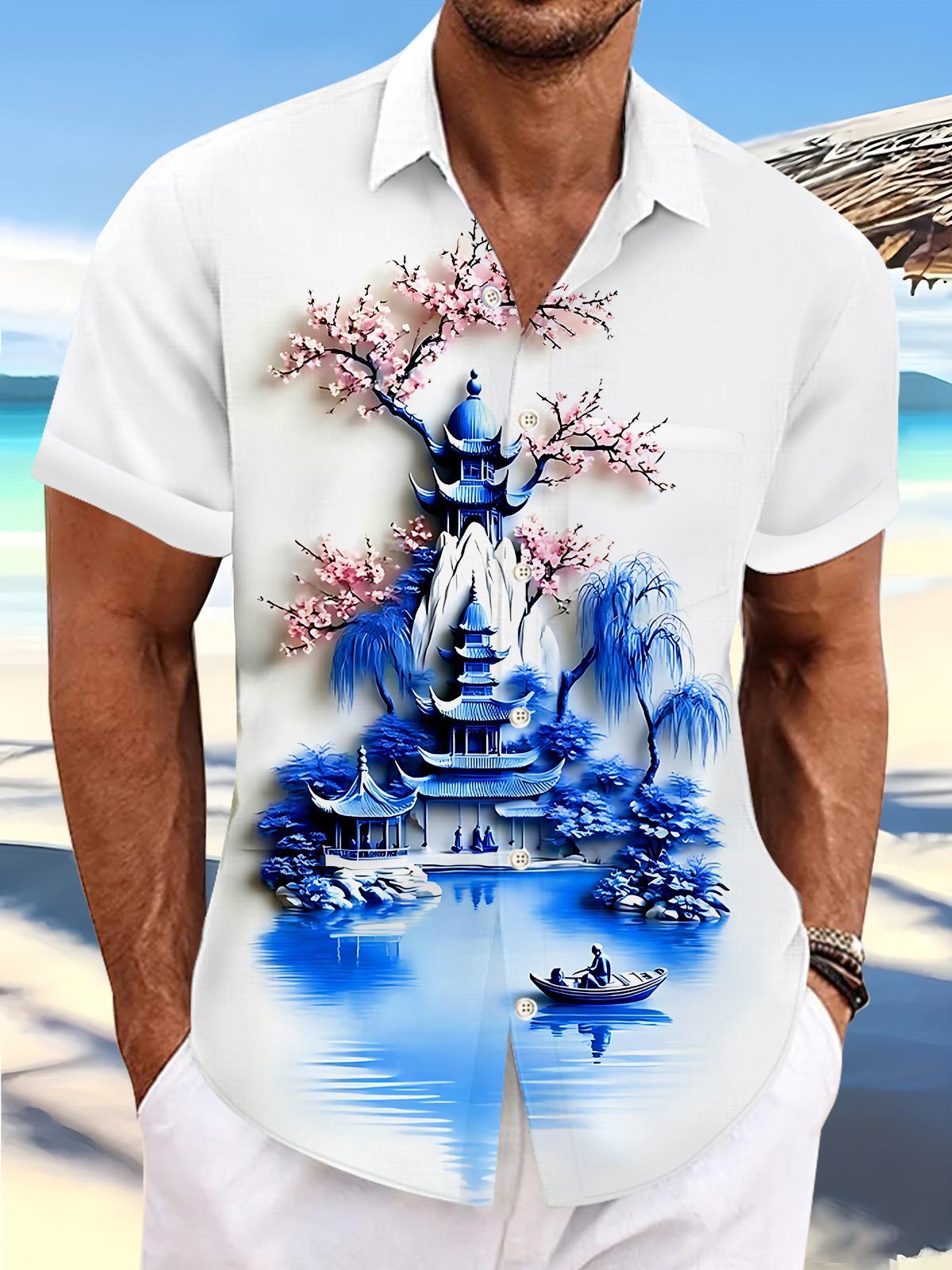 Art Blue And White Porcelain Ancient Pavilion Cherry Blossom Floral Landscape Men's Pocket Short Sleeve Shirts