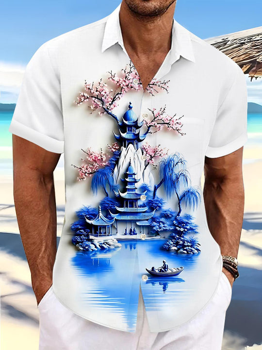 Art Blue And White Porcelain Ancient Pavilion Cherry Blossom Floral Landscape Men's Pocket Short Sleeve Shirts