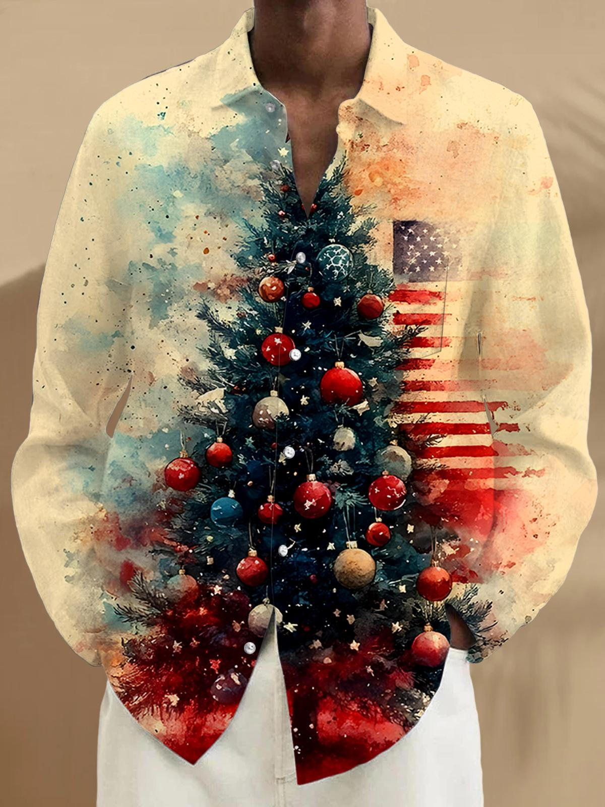 Christmas Tree American Flag Men's Pocket Long Sleeve Shirts