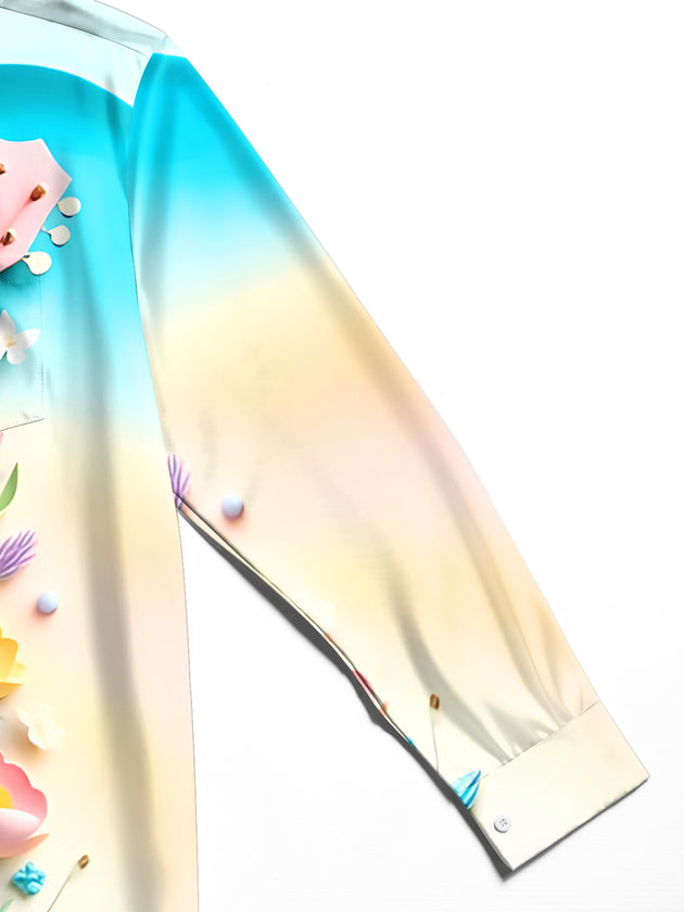 Men's floral long sleeve shirt close-up detail of guitar art print fabric texture