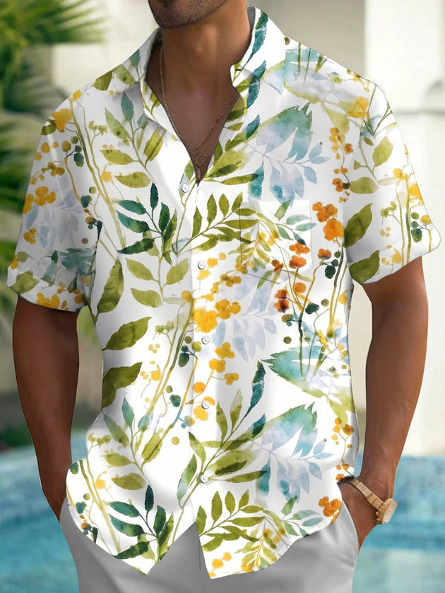 Fresh Watercolor Green Leaves Floral Plant Men's Pocket Short Sleeve Shirts