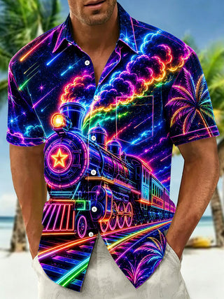 Neon Colorful Glowing Steam Train Men's Pocket Short Sleeve Shirts