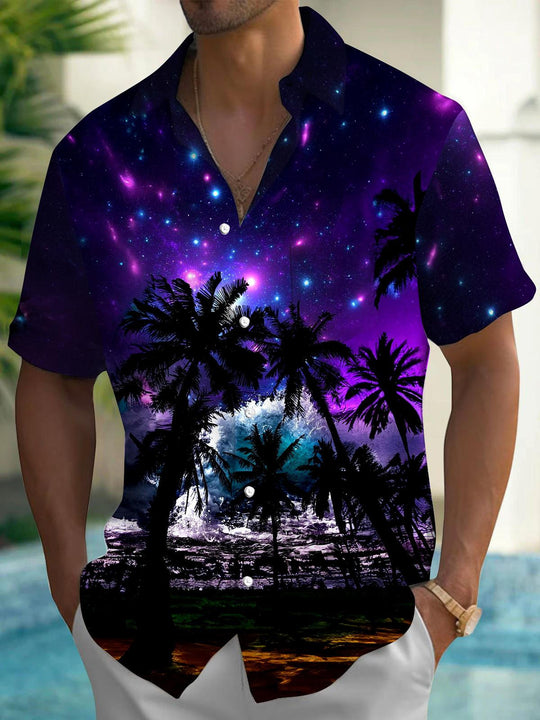 Men's Hawaiian coconut tree pocket short sleeve shirt front view tropical beach vacation