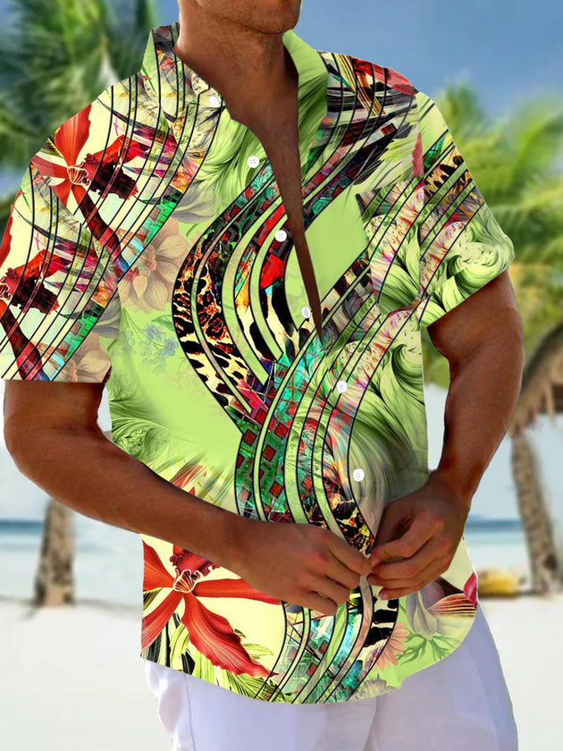 Men's floral geometric print short sleeve shirt front view