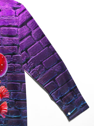 Men's red Christmas penguin print long sleeve shirt close-up detail view