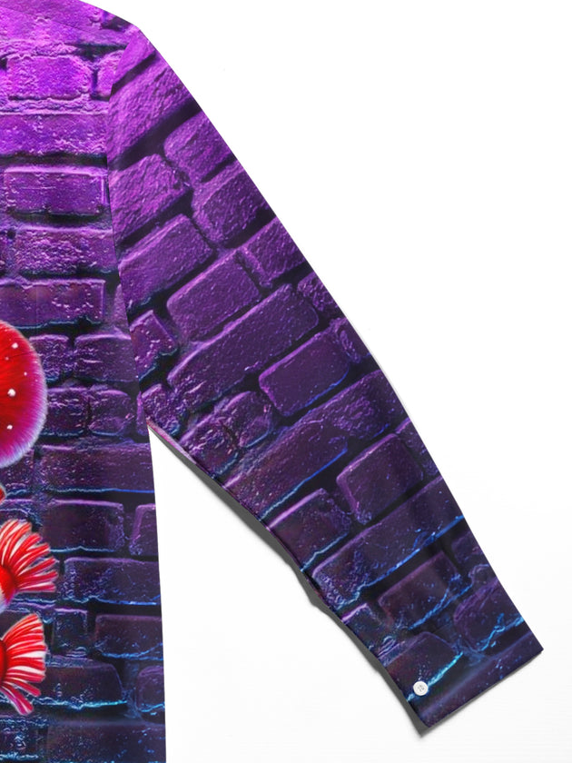 Men's red Christmas penguin print long sleeve shirt close-up detail view