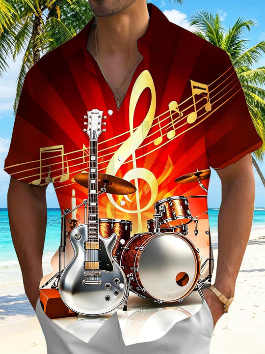 Art Metal Rock Guitar Drum Kit Music Instrument Notes Men's Pocket Short Sleeve Shirts