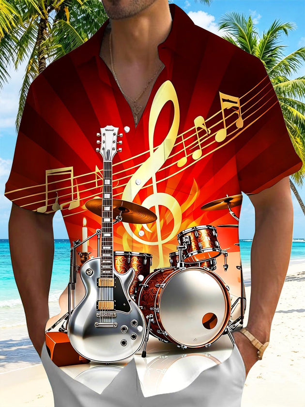 Art Metal Rock Guitar Drum Kit Music Instrument Notes Men's Pocket Short Sleeve Shirts