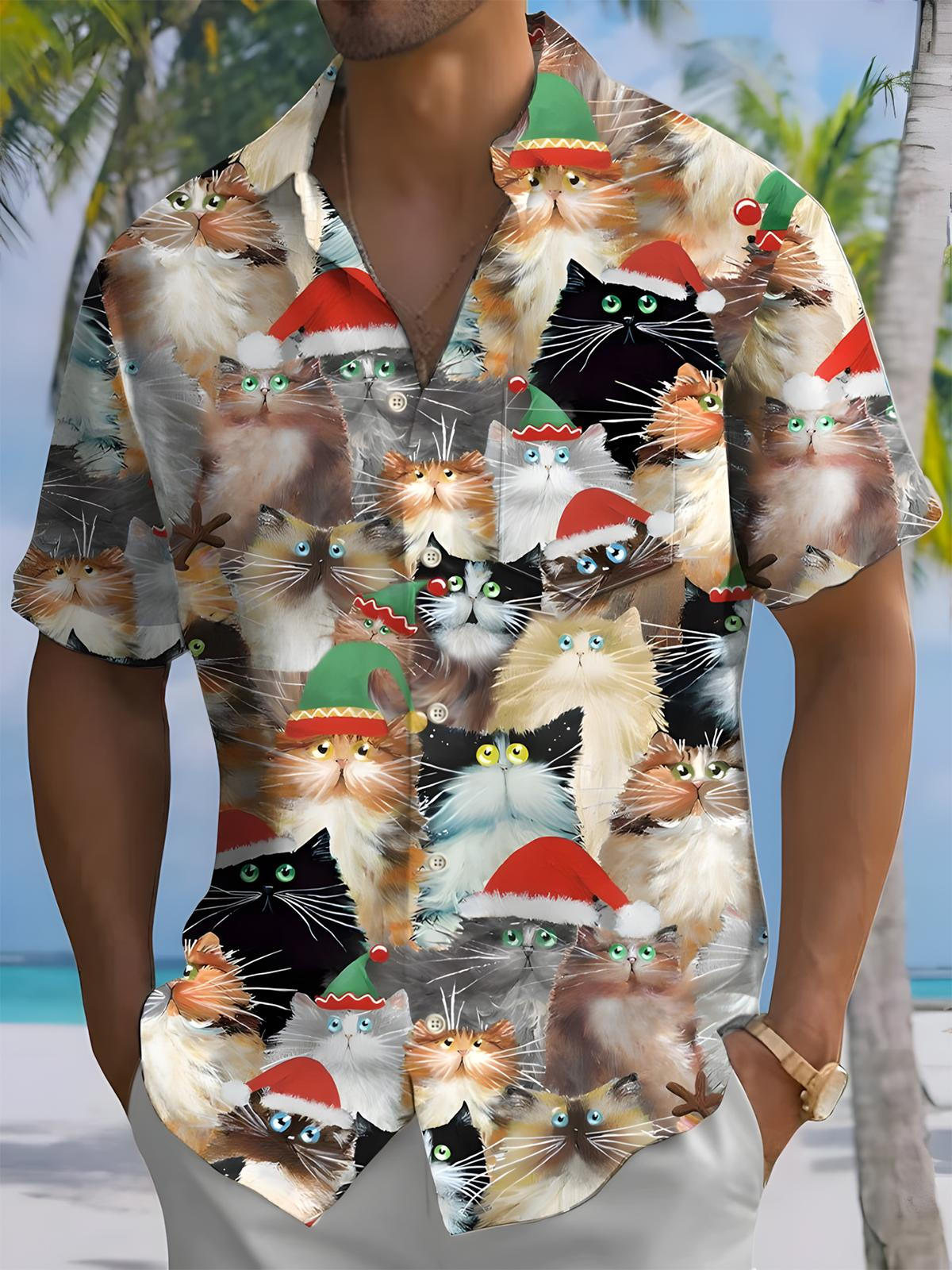 Christmas Cat Men's Pocket Short Sleeve Shirts