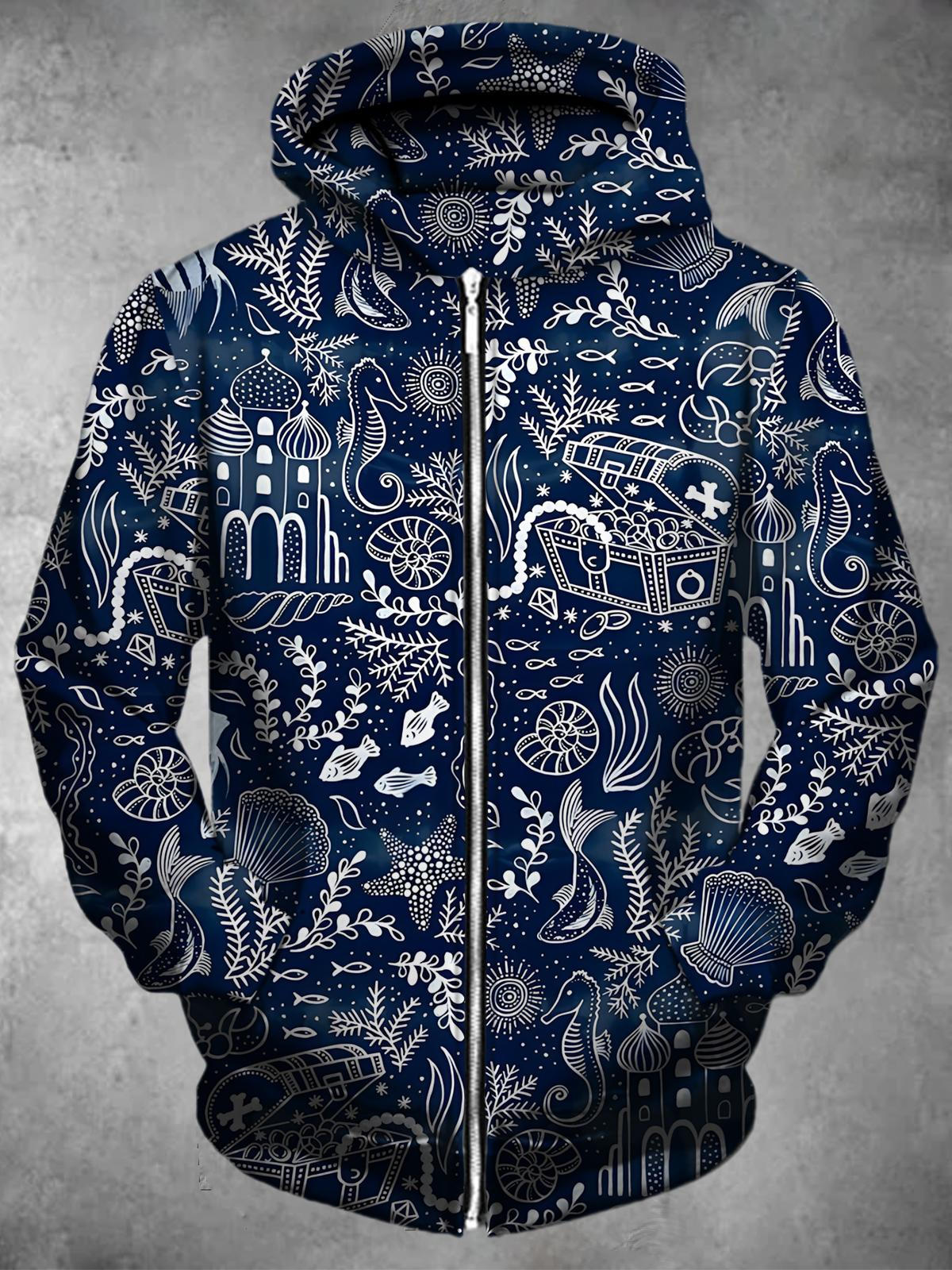 Marine Life Long Sleeve Pocket Men's Zip Up Hoodies