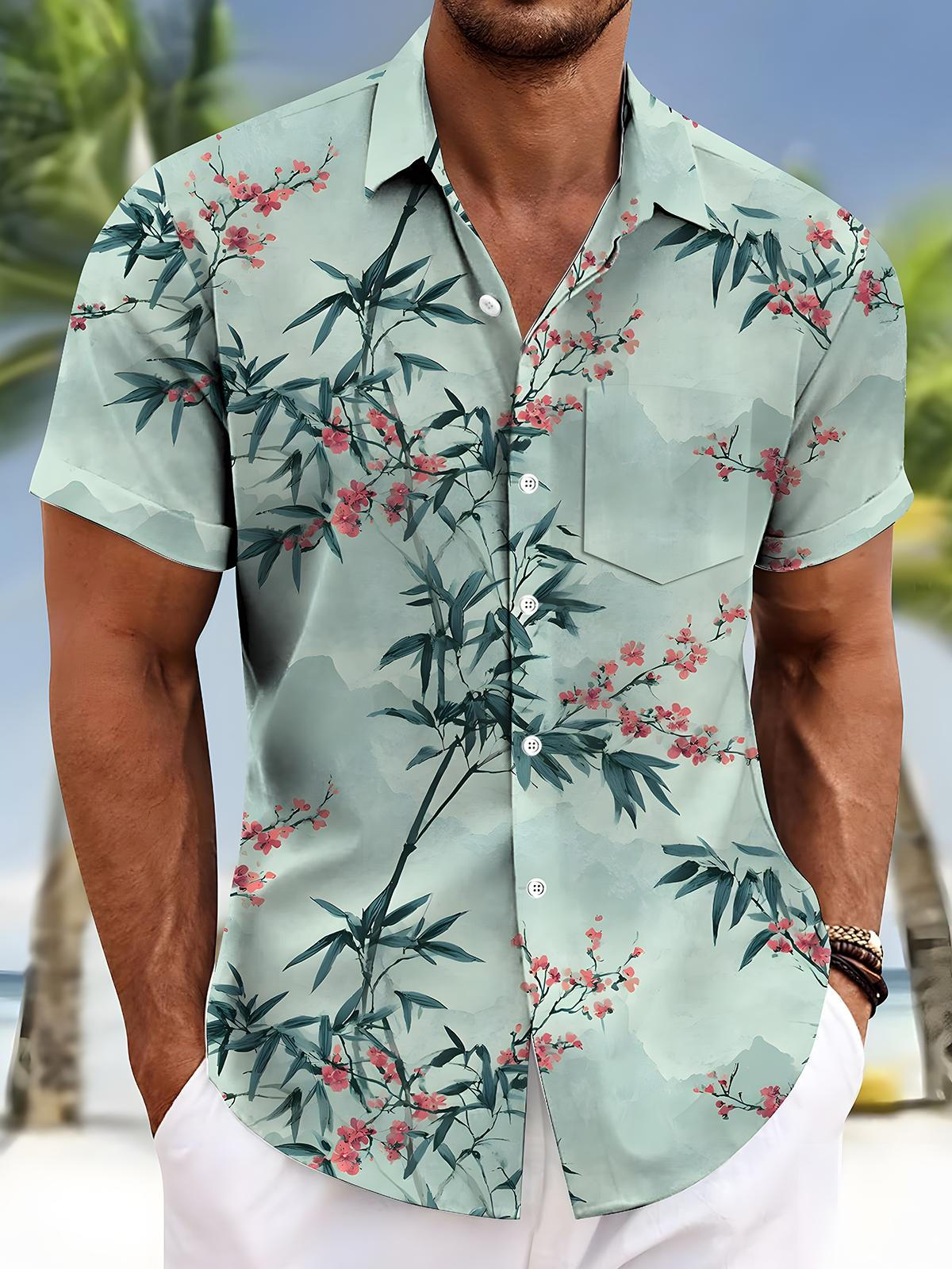 Bamboo Leaf Floral Men's Pocket Short Sleeve Shirts