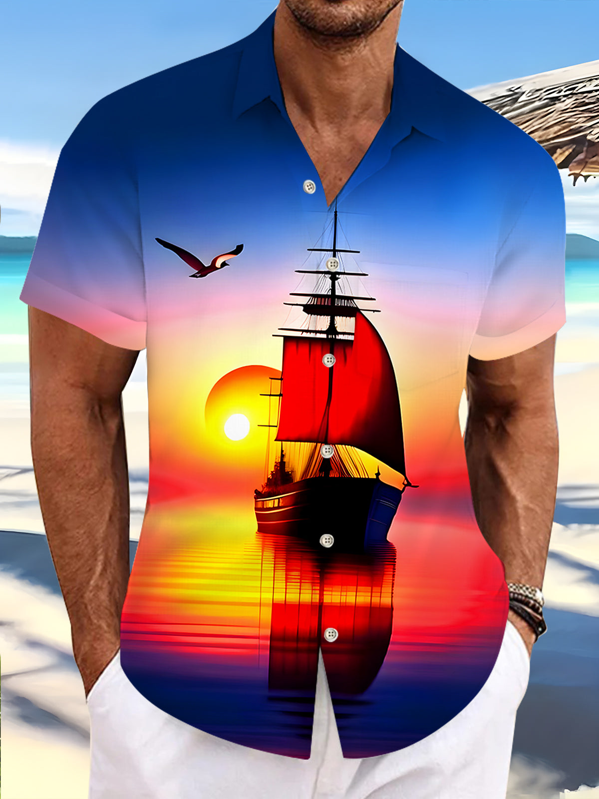 Hawaiian Boat Sunset Men's Pocket Short Sleeve Shirts