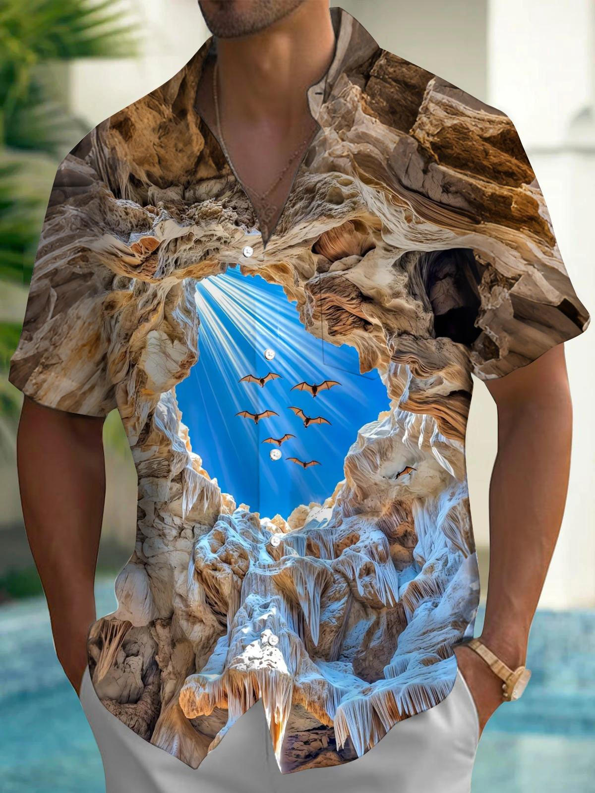 Cave Bat Print Men's Pocket Short Sleeve Shirts