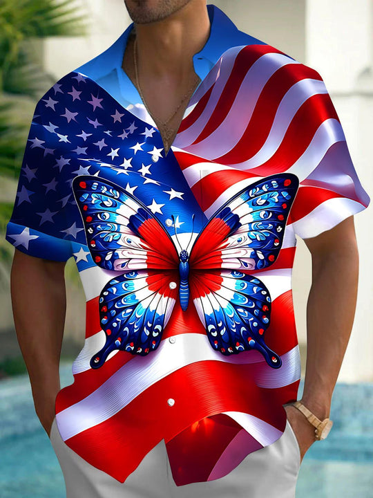 Independence American Flag Butterfly Men's Pocket Short Sleeve Shirts