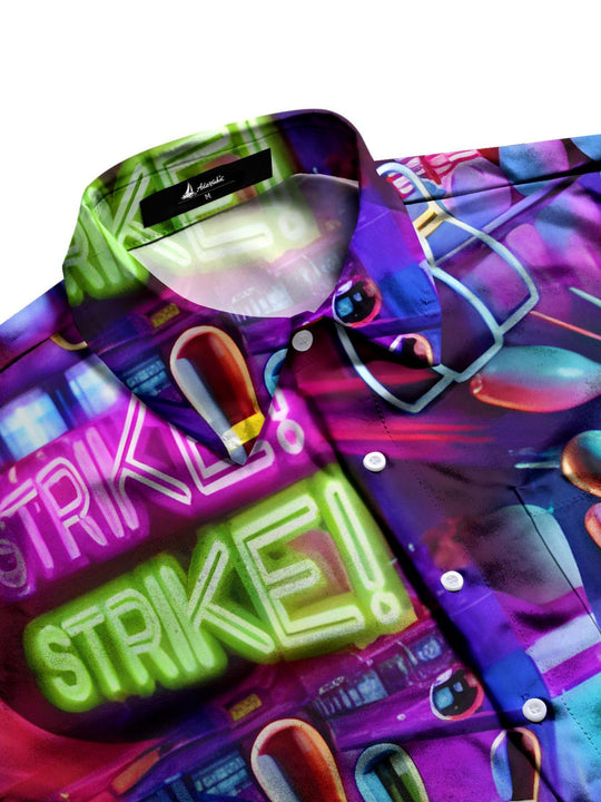 Men's athletic style bowling print half sleeve shirt side view