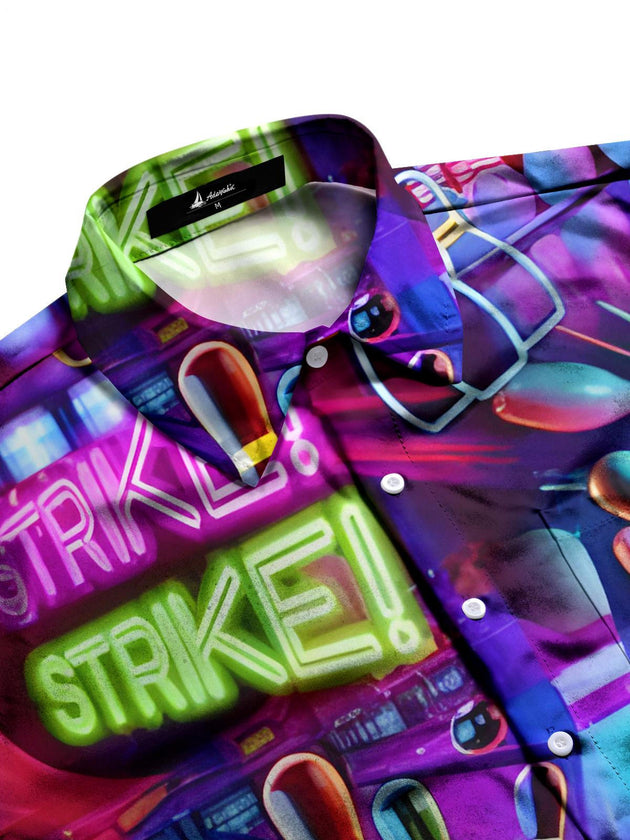 Men's athletic style bowling print half sleeve shirt side view