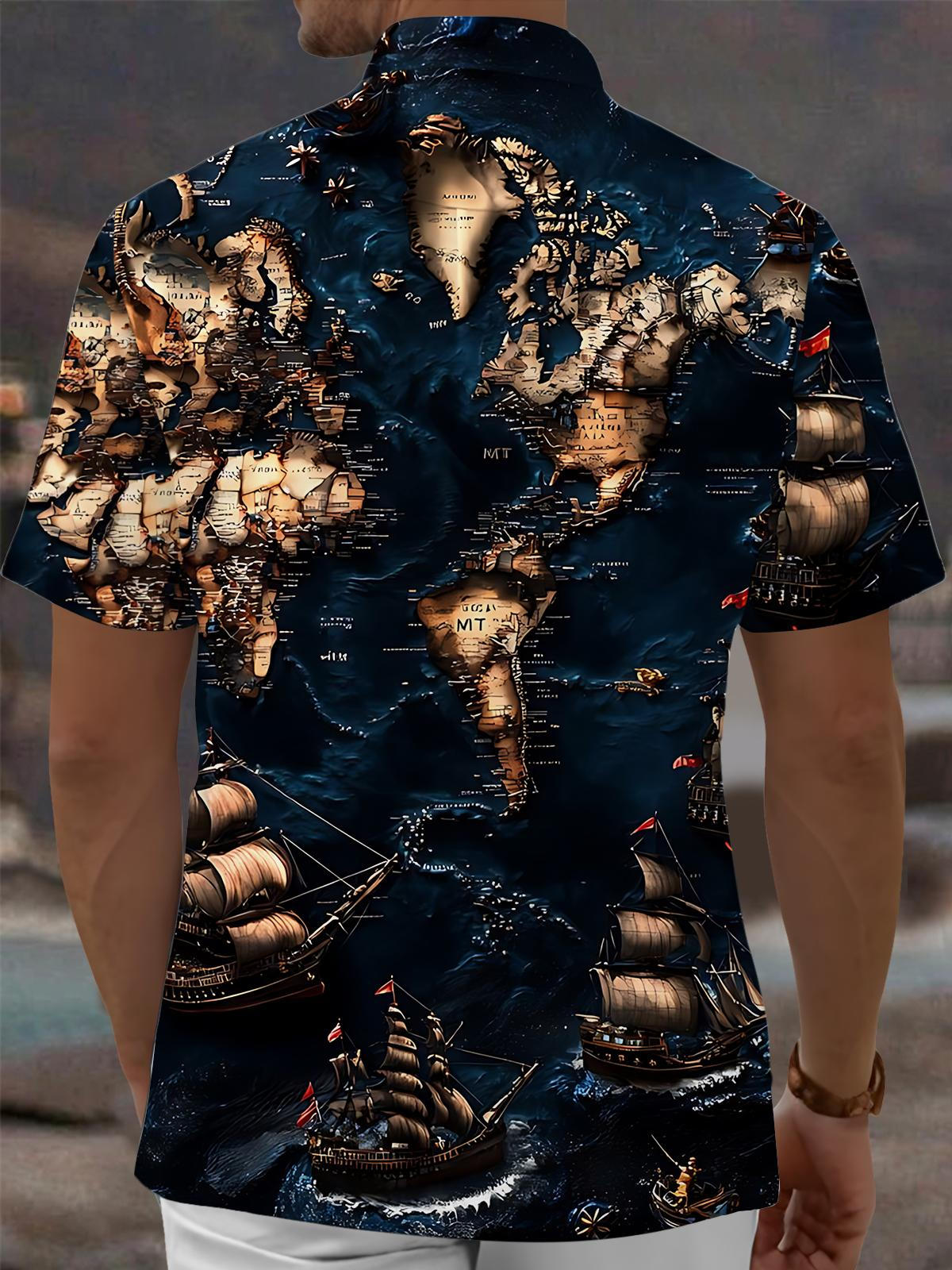 Vintage Nautical Boat Map Print Men's Pocket Short Sleeve Shirts