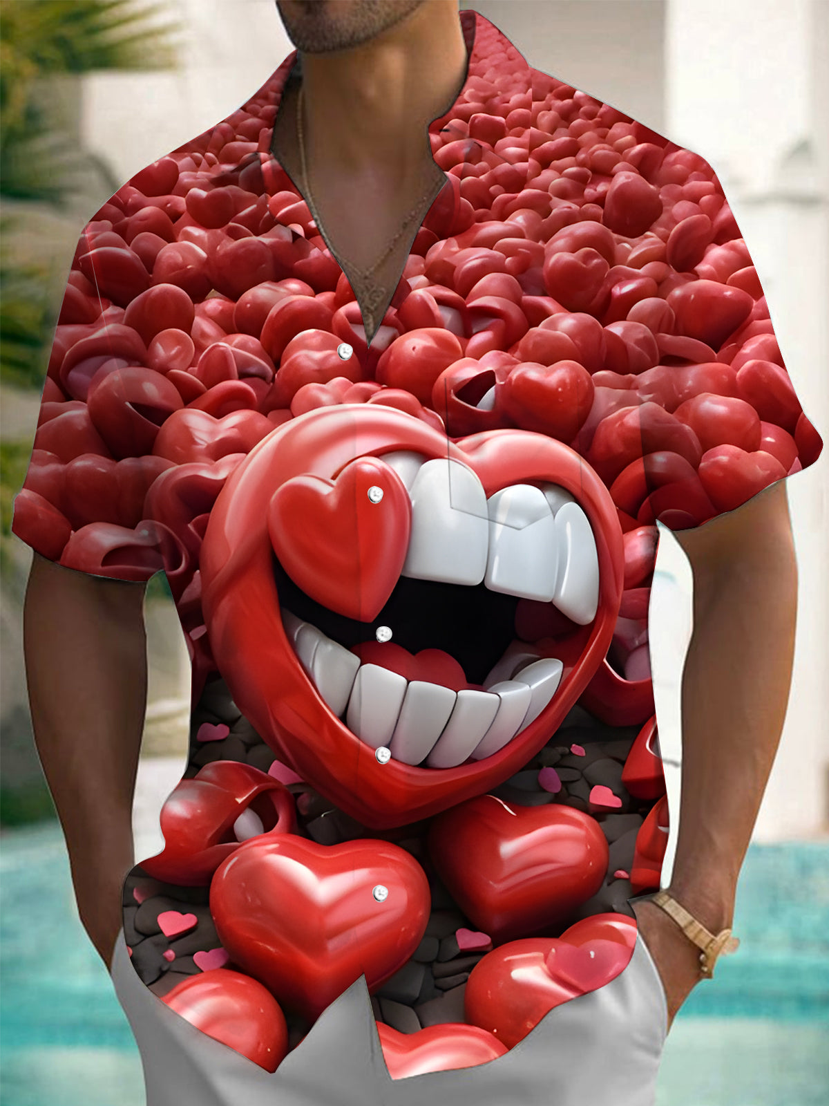Heart Mouth Print Men's Pocket Short Sleeve Shirts