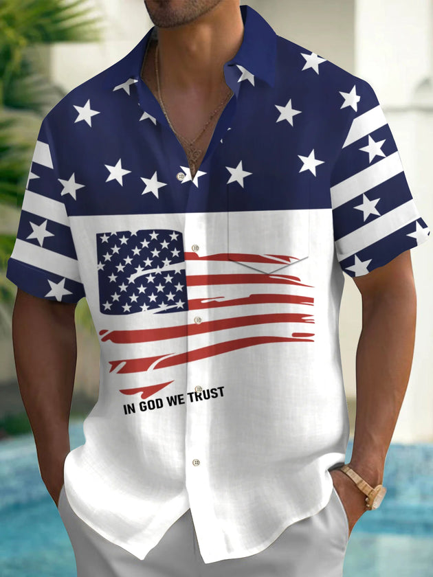 Men's American flag print short sleeve shirt with pocket front view for Independence Day