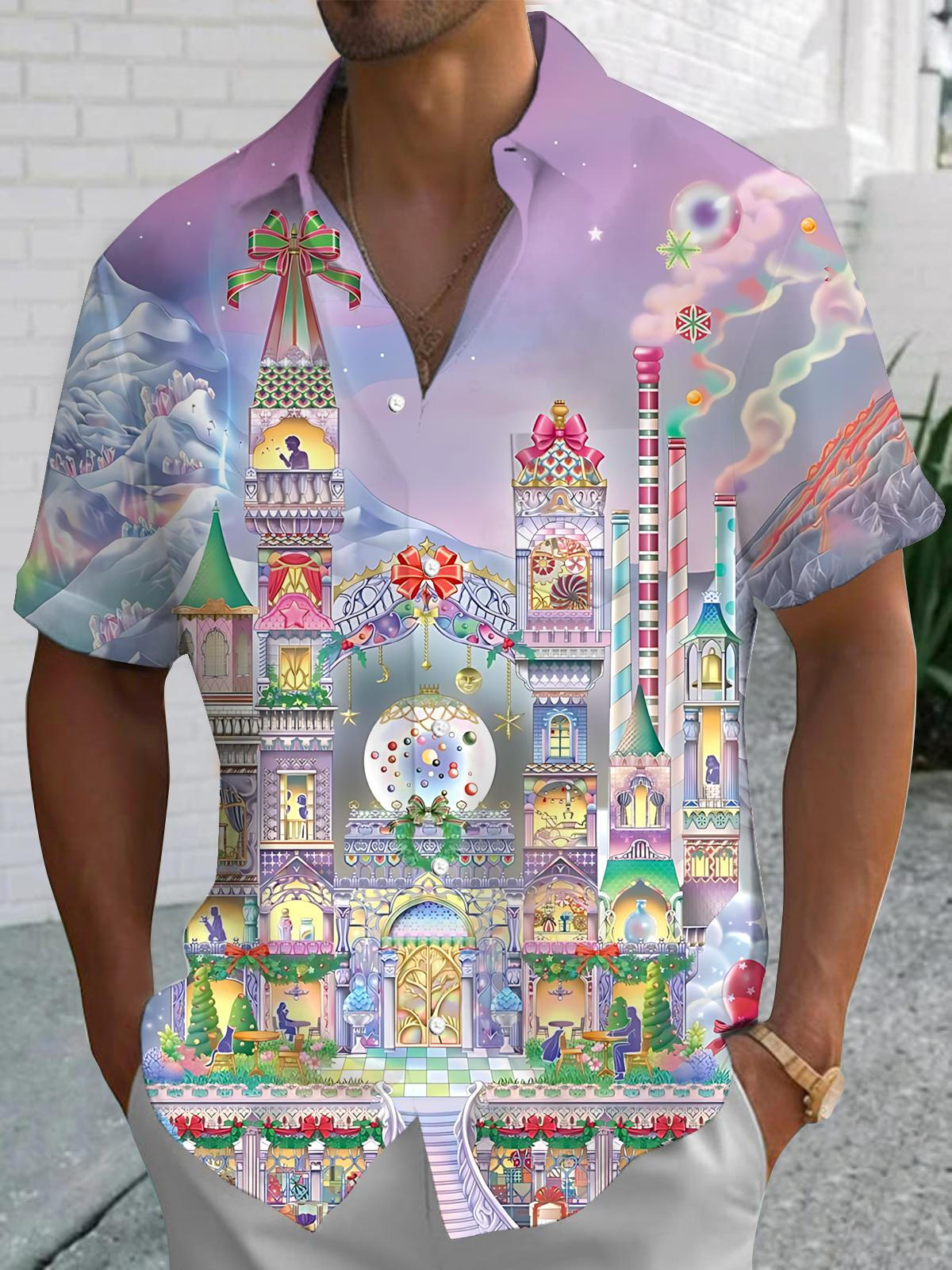 Castle Park Print Men's Pocket Short Sleeve Shirts