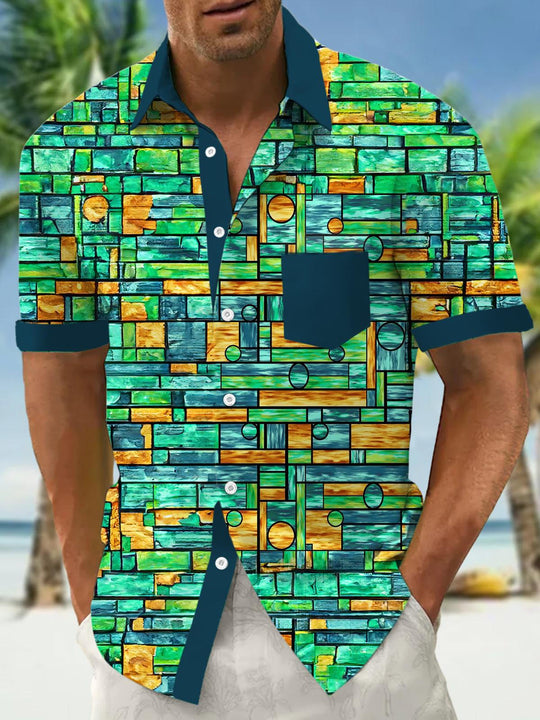 Men's geometry pattern short sleeve shirt front view
