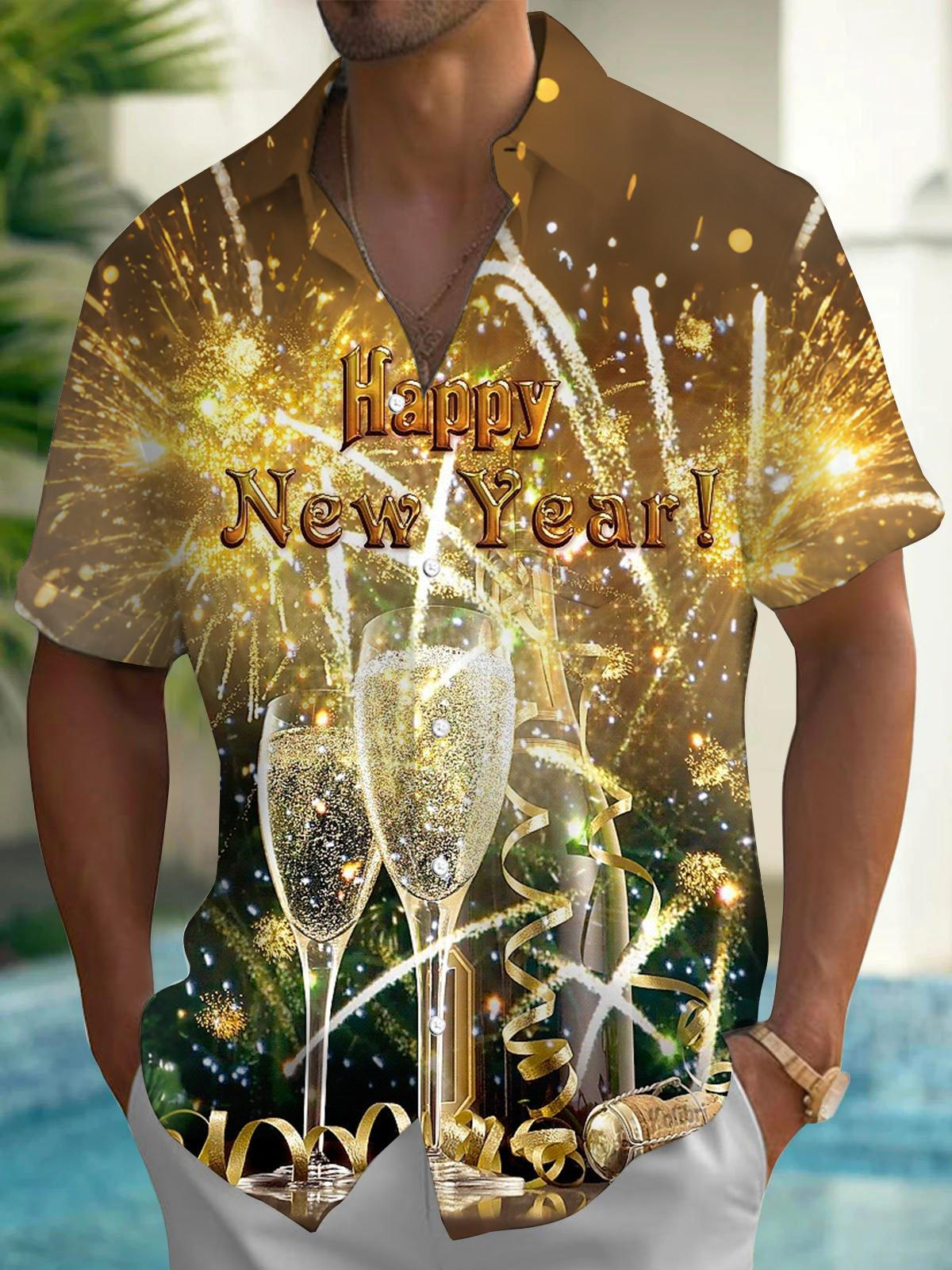 Happy New Year Champagne Print Men's Pocket Short Sleeve Shirts