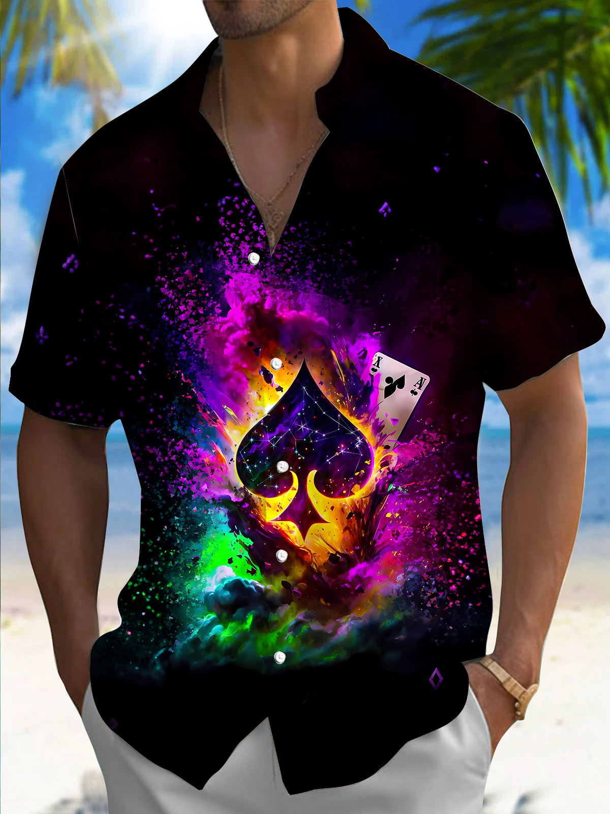 Playing Card Print Men's Pocket Short Sleeve Shirts