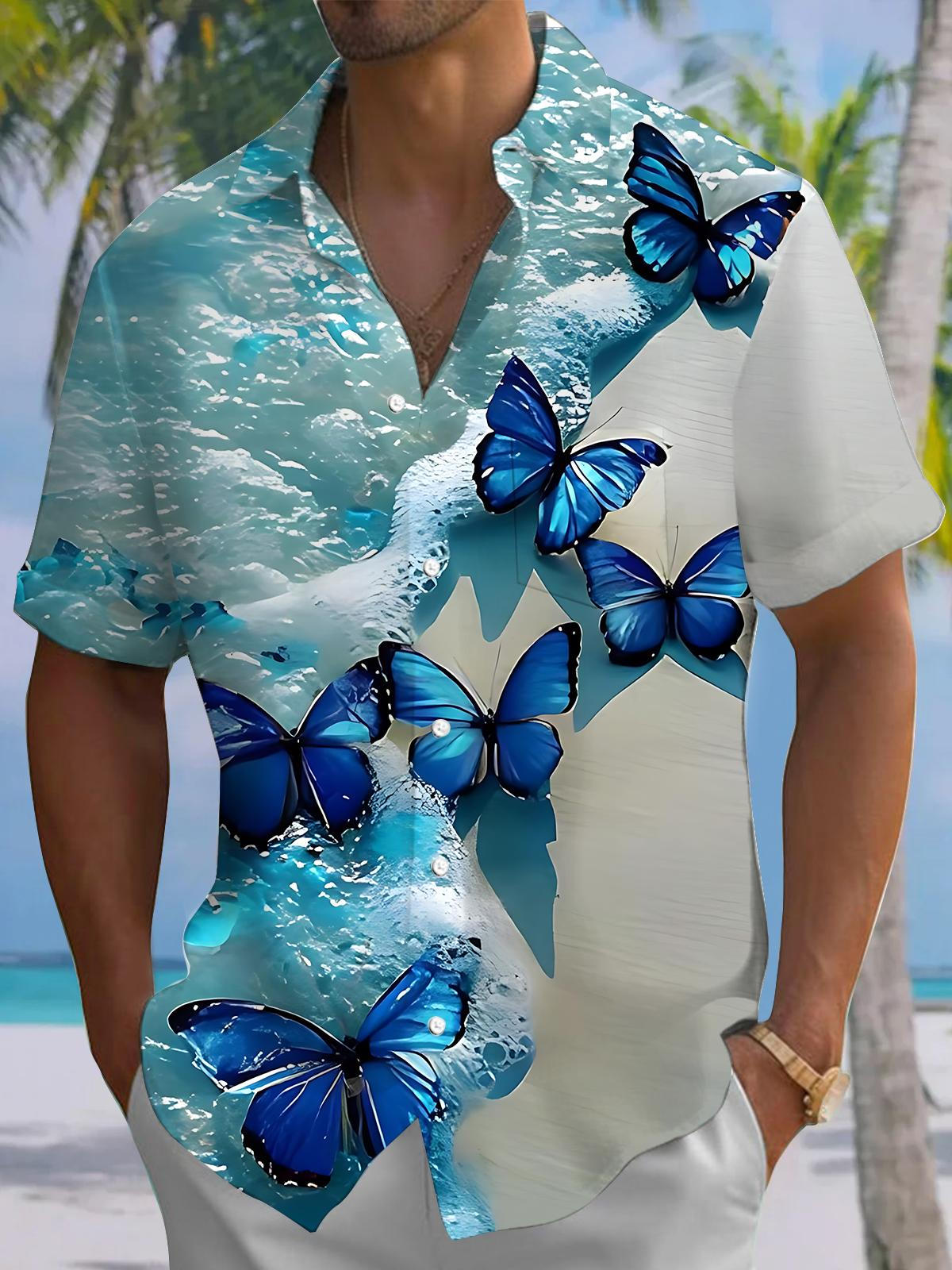 Butterfly Seawater Print Men's Pocket Short Sleeve Shirts