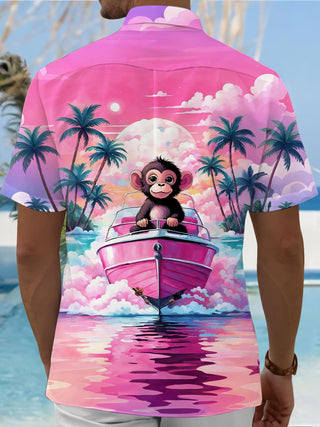 Men's Hawaiian monkey coconut print pocket short sleeve shirt back view