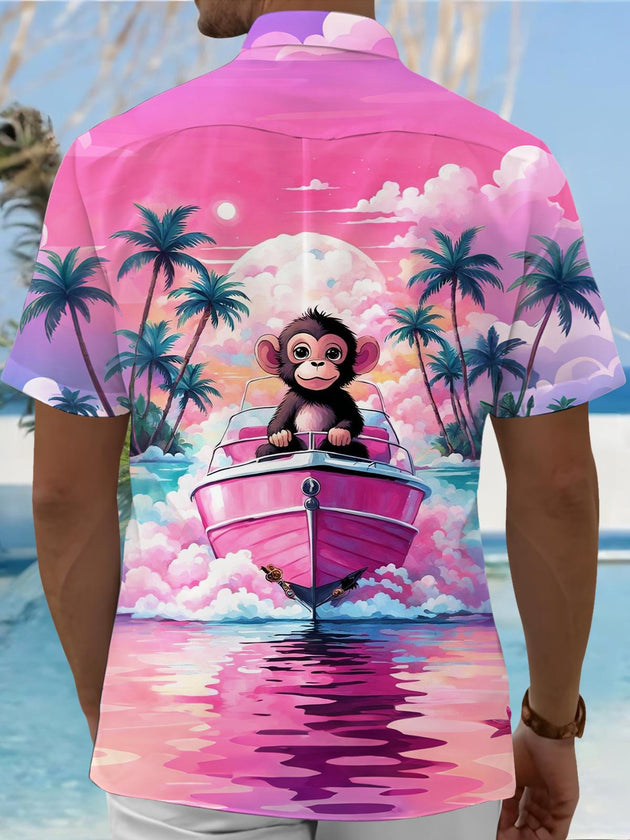 Men's Hawaiian monkey coconut print pocket short sleeve shirt back view