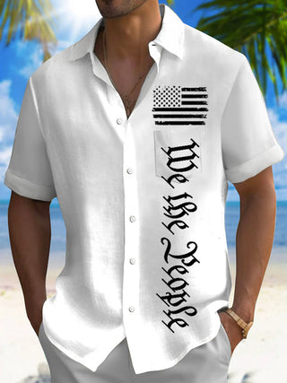 Men's red American flag print short sleeve shirt back view