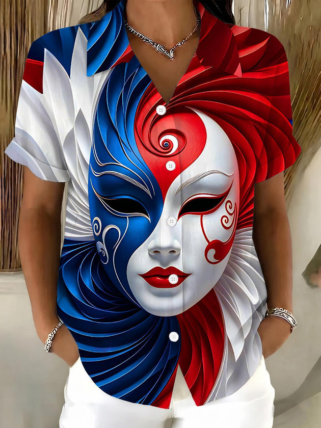 Art Venetian Mask Red Blue White Face Women's Short Sleeve Shirts