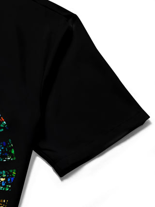 Men's stained glass window print pocket short sleeve shirt fabric detail close-up