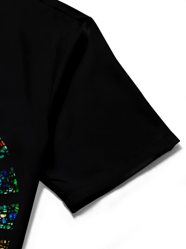 Men's stained glass window print pocket short sleeve shirt fabric detail close-up
