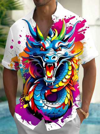 Men's short sleeve tie dye dragon print shirt front view